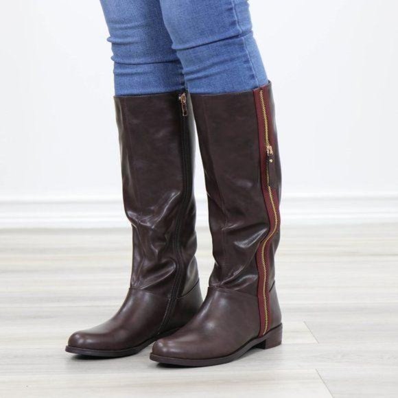 Brown Below Knee Rider Boots Light Faux Fur Inside - Picture 3 of 11